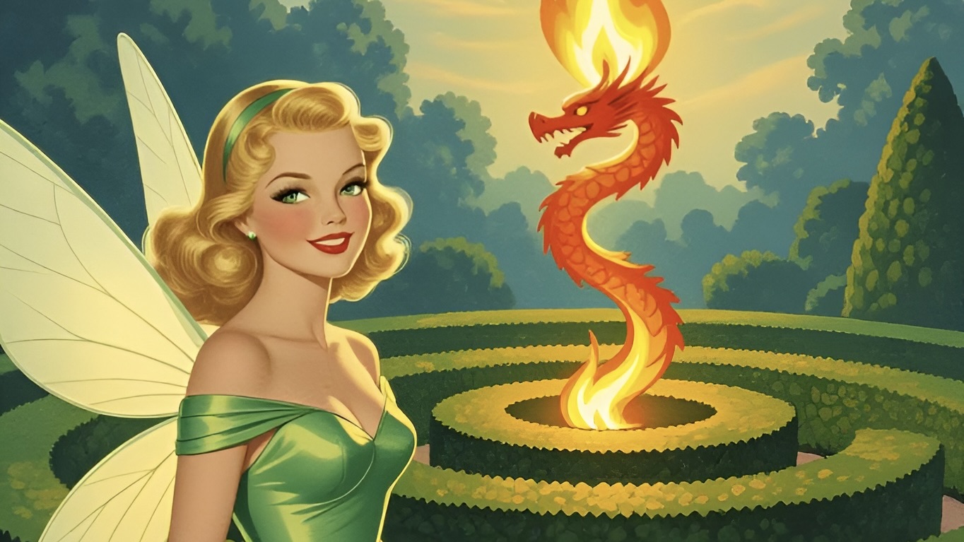 an illustration of a fairy and dragon flame in a hedge maze