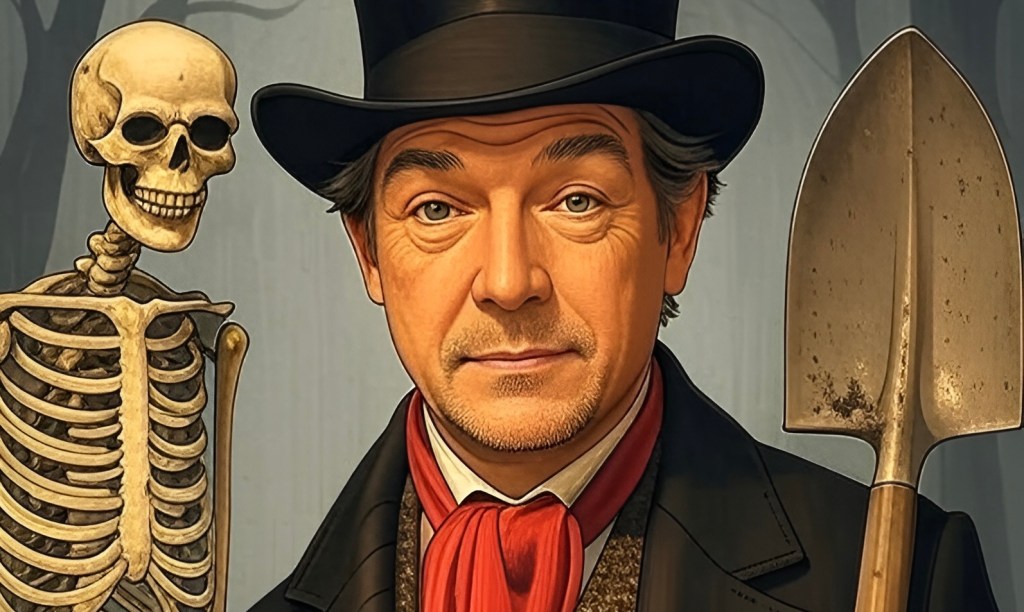 illustration of a man with a shovel and a skeleton in the background