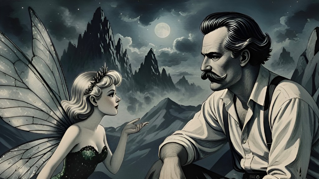 A fairy and Nietzsche figure under a moonlit sky