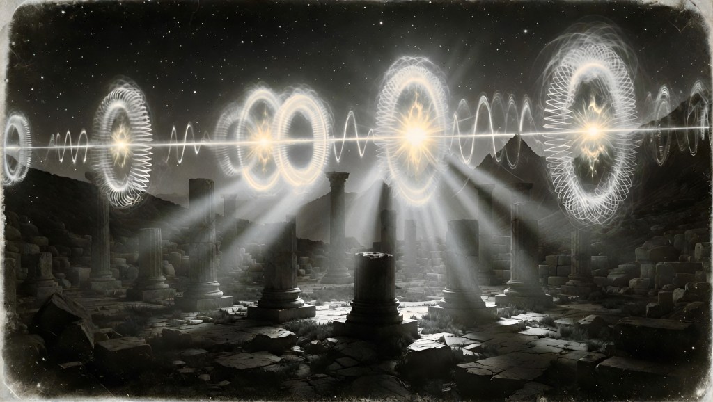 floating toruses and waveforms over Greek ruins