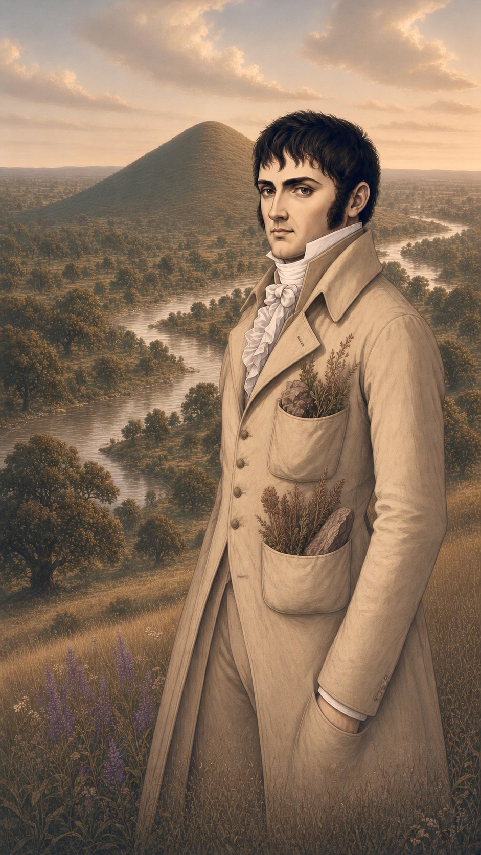 illustration of a man with an earthen mound in the background