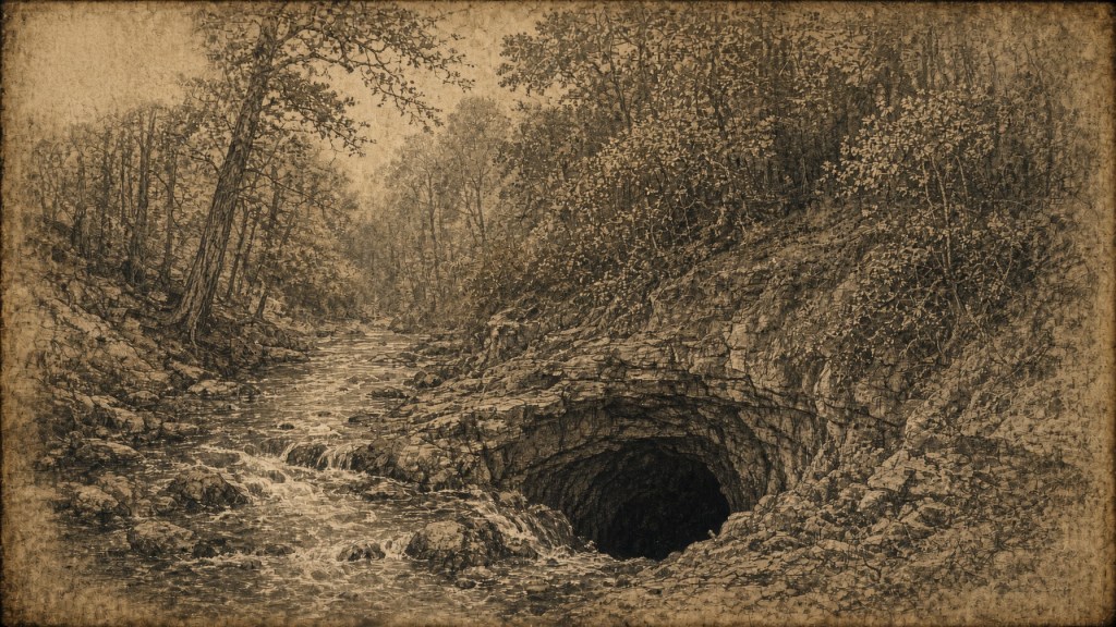 sepia drawing of a karst landscape